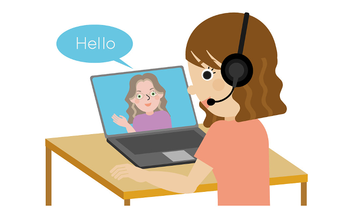 Diagonally angled illustration of a Japanese woman wearing headphones and greeting people online in English