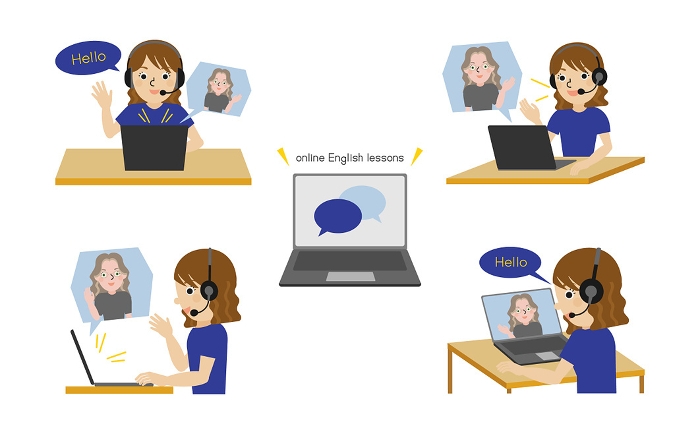 Set of four angles of illustrations of Japanese women wearing headphones and speaking English online