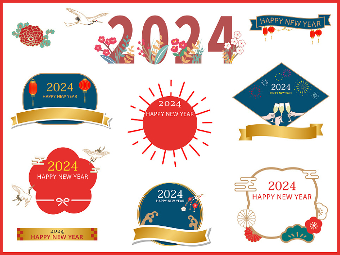 Vector illustration of a design frame, footing and banner set for the New Year 2024 (2024)