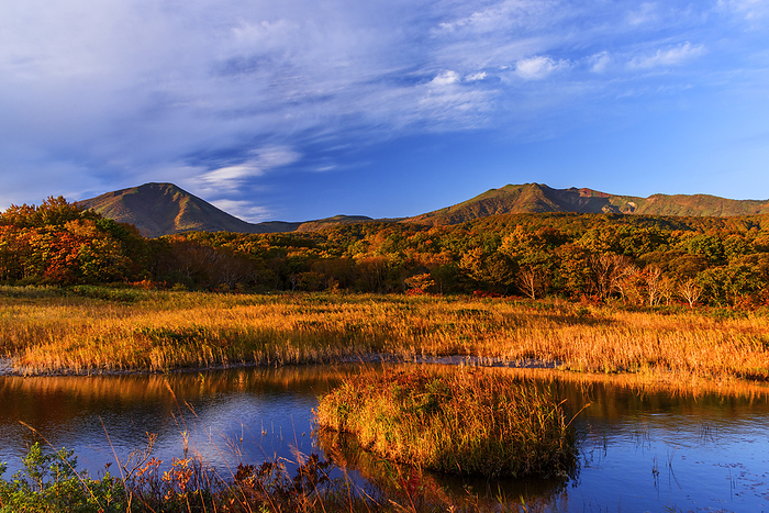 Morning view of the Hakkouda mountain range from Tashirodaira marshland in autumn leaves, Aomori Prefecture