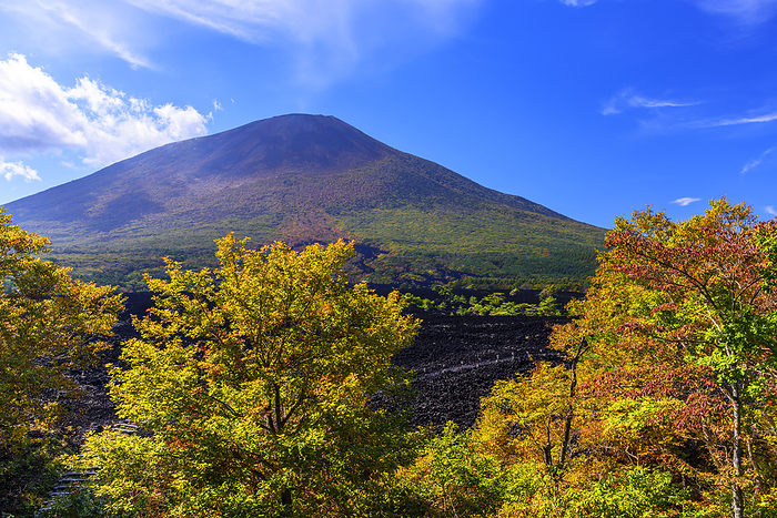 Iwate Prefecture Mt. Iwate and Yakiori lava flow in autumn leaves