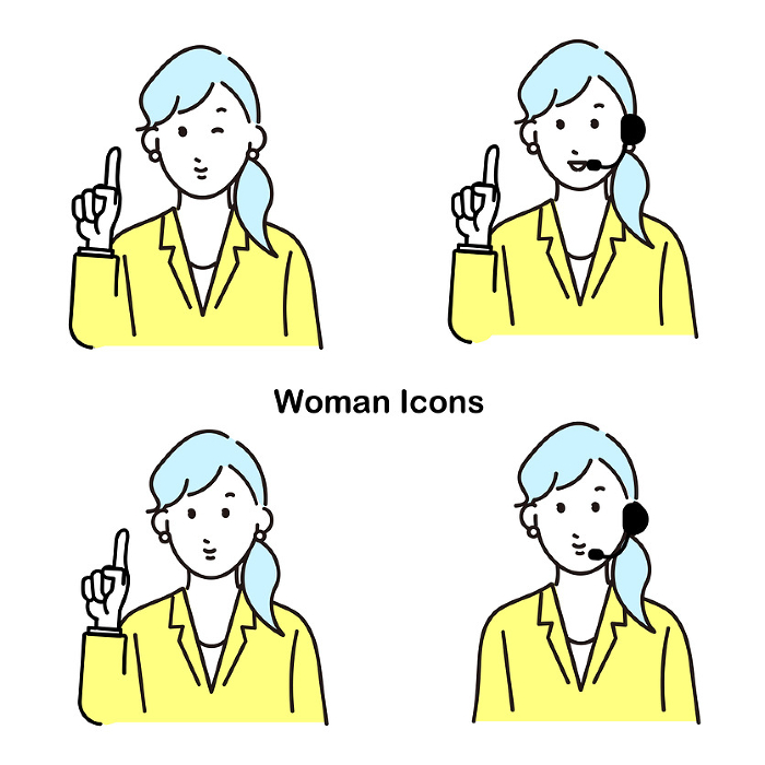 Woman - upper body - various expressions - set - simple line drawing with white background