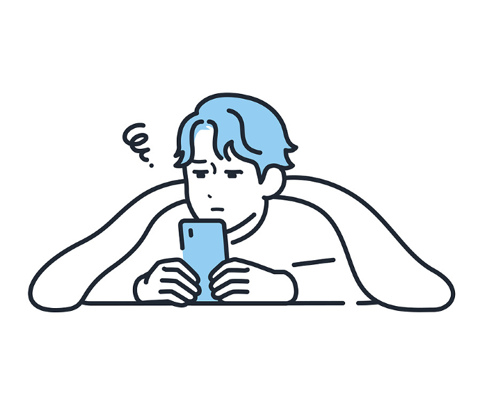 Simple vector illustration of a young man looking at his smartphone under the covers.