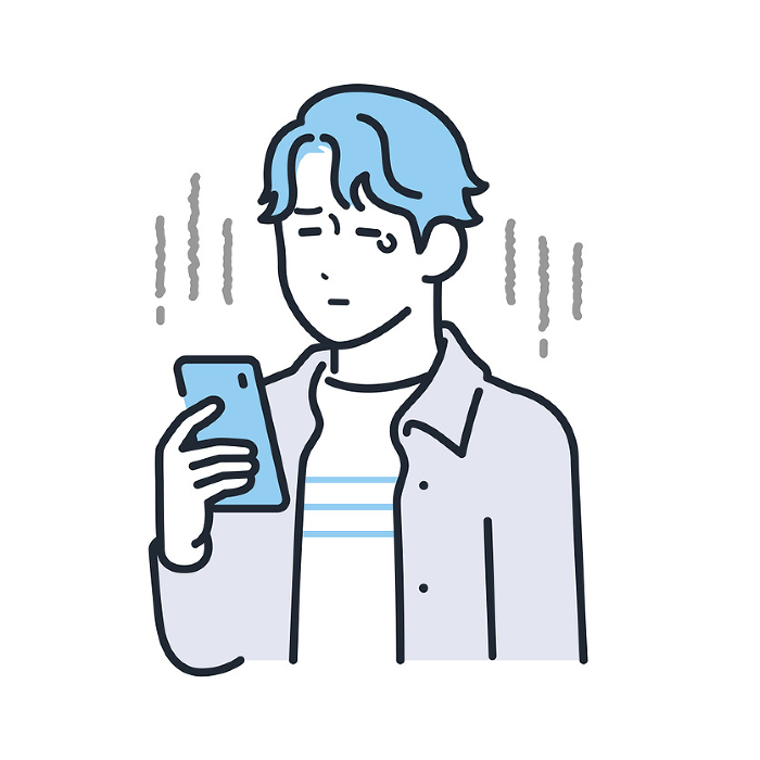 Simple vector illustration of a young man in casual clothing crying over his smartphone.