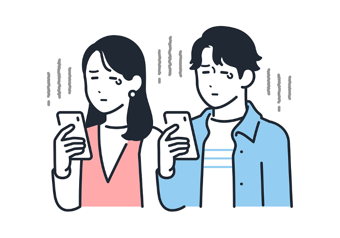 Simple vector illustration of a young man and woman crying over a smartphone.
