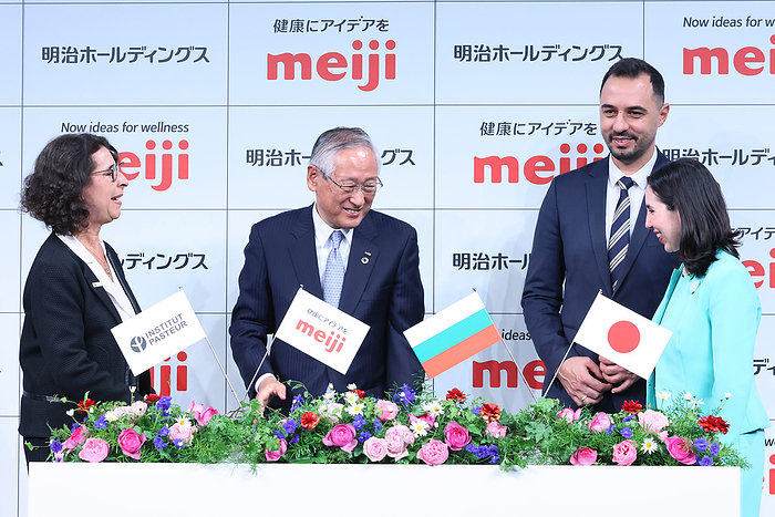 Japan s food and pharmaceutical company Meiji Group celebrates the 50th anniversary of the company s product Meiji Bilgaria Yogurt December 4, 2023, Tokyo, Japan    L R  France s Pasteur Institut executive vice president Isabelle Buckle, Japan s food and pharmaceutical company Meiji Group president and CEO Kazuo Kawamura, Bulgarian Economy and Industry Minister Bogdan Bogdanov and Bulgarian ambassador to Japan Marieta Arabadjieva share smiles as they attend the 50th anniversary event of Meji Bulgaria Yogurt in Tokyo on Monday, December 4, 2023.     photo by Yoshio Tsunoda AFLO 