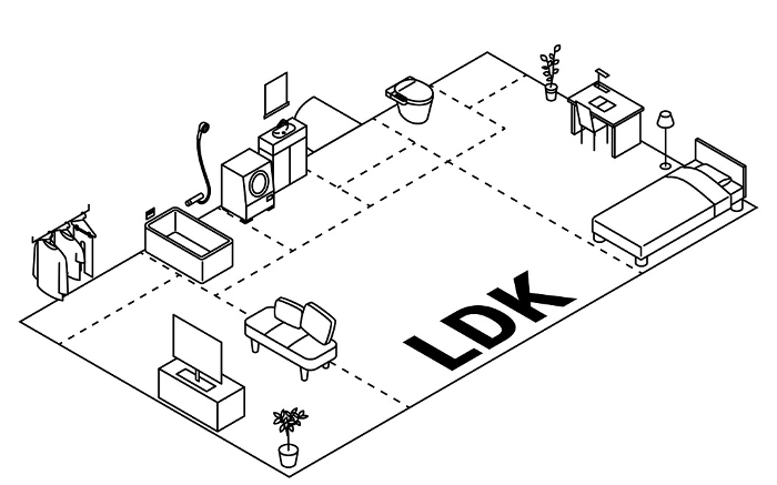 Image of a moving floor plan (2LDK), isometric illustration with simple line drawings
