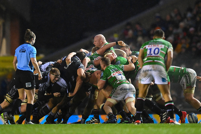 Leicester Tigers v Newcastle Falcons, Leicester, UK   3 Dec 2023 A general view of a scrum during the Gallagher Premiers Leicester Tigers v Newcastle Falcons, Leicester, UK   3 Dec 2023 A general view of a scrum during the Gallagher Premiership Rugby Match between Leicester Tigers and Newcastle Falcons at Mattioli Woods Welford Road on 3 December 2023. Leicester Mattioli Woods Welford Road GBR Copyright: xPatrickxKhachfe PPAUKx PPA 073125