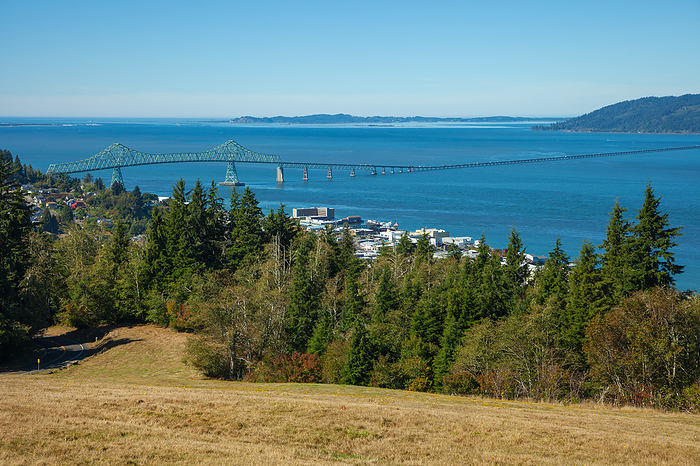 United States of America View Overlooking Astoria Megler Bridge and Mouth of Columbia River, View from Coxcomb Hill of Astoria Megler Bridge, the mouth of the Columbia River and the town of Astoria, Oregon, USA