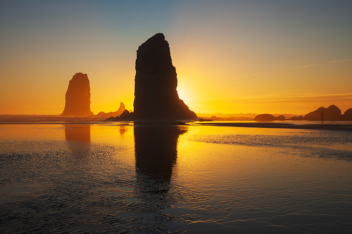 United States of America Sunset Seascape at Cannon Beach, Sea stacks and amazing sunset colors at Cannon Beach, Oregon, USA