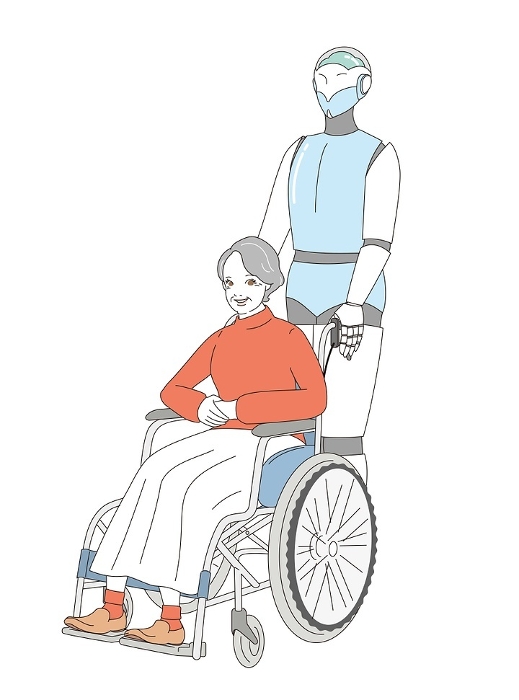Elderly person in a wheelchair with a near-future care robot