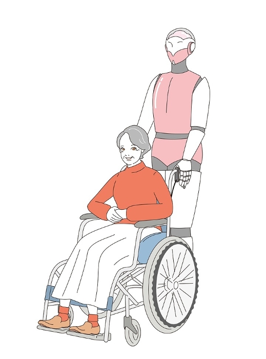Elderly person in a wheelchair with a near-future care robot