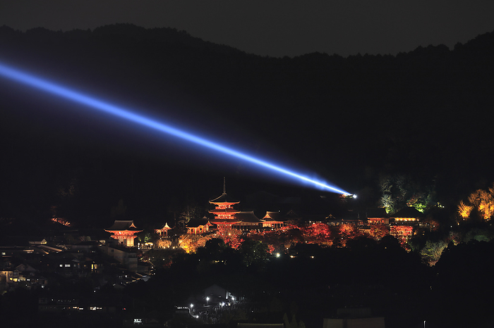 Kiyomizu Dera Temple lit up  Special Autumn Viewing  Kyoto Pref. The blue light emanating from Kiyomizu Temple represents the  mercy of the Goddess of Mercy .