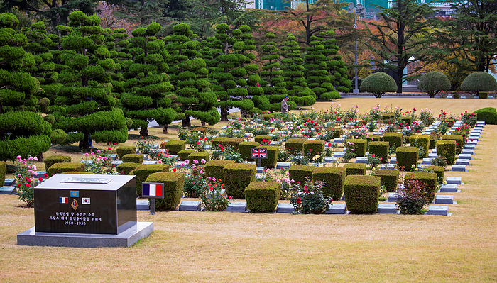 The U.N. Memorial Cemetery in South Korea The U.N. Memorial Cemetery, Nov 10, 2023 : Graveyards of French and British soldiers at the U.N. Memorial Cemetery in Busan, about 420 km  261 miles  southeast of Seoul, South Korea. About 2,300 war veterans from 11 countries are buried at the cemetery, including veterans from Canada, Britain, Australia and Turkey. Twenty one countries sent about 1.96 million soldiers and medics during the 1950 53 Korean War. More than 40,000 of the U.N. troops were killed in action and about 10,000 are still missing, according to local media. The Korean War ended in a truce, not a peace treaty.  Photo by Lee Jae Won AFLO 