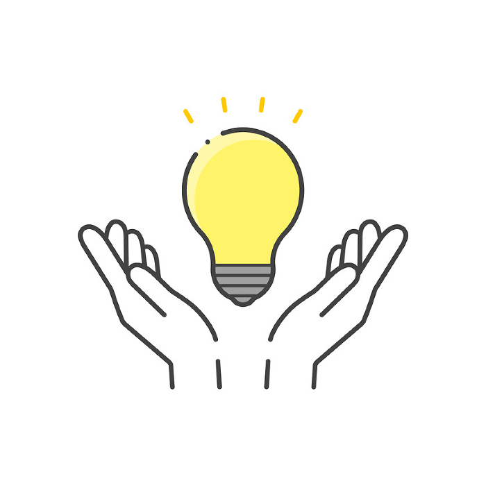 Simple icon of a glowing light bulb and a human hand -inspiration/electricity/energy image material