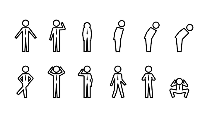 Pictogram of a human figure, set of various poses of a businessman wearing a tie, line width variable