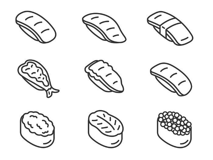Illustration set of various sushi icons (line drawing)