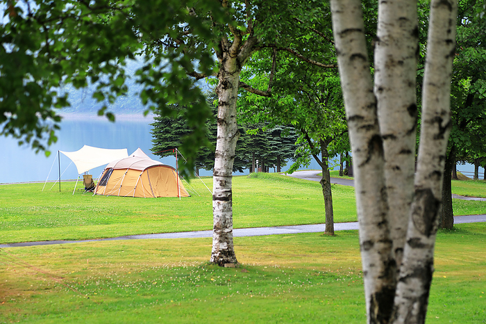 Tents and tarps by the lake Hokkaido