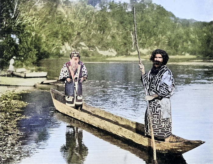 Two Ainu men in dug out canoe Coloured photograph of two Ainu men in dug out canoe. From  The living races of mankind, Vol 1  by Henry Neville Hutchinson  1901 ., by PHOTOSTOCK ISRAEL SCIENCE PHOTO LIBRARY