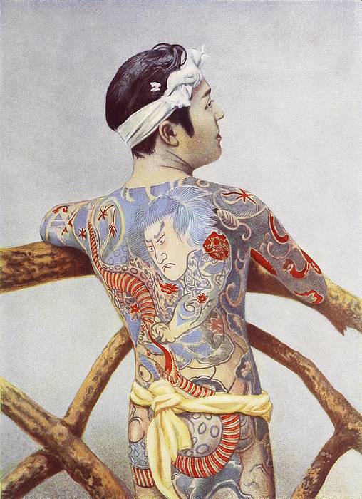 Elaborately tattooed Japanese man Elaborately tattooed Japanese man. From  The living races of mankind: a popular illustrated account of the customs, habits, pursuits, feasts and ceremonies of the races of mankind throughout the world, Volume 1  by Sir Harry Hamilton Johnston, Henry Neville Hutchinson, Richard Lydekker and Dr A H Keane  1902 ., by PHOTOSTOCK ISRAEL SCIENCE PHOTO LIBRARY