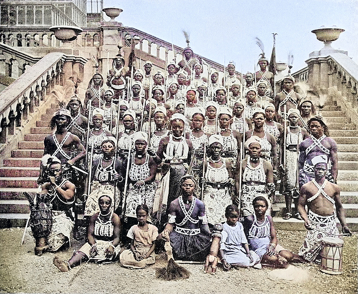 Dahomeyan Amazons Coloured photograph of Dahomeyan Amazons. The Kingdom of Dahomey was a West African kingdom located within present day Benin that existed from approximately 1600 until 1904. Dahomey developed on the Abomey Plateau amongst the Fon people in the early 17th century and became a regional power in the 18th century by conquering key cities on the Atlantic coast. From  The living races of mankind  Volume 2  by Henry Neville Hutchinson  1901 ., by PHOTOSTOCK ISRAEL SCIENCE PHOTO LIBRARY