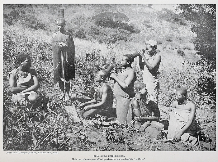 Zulu girls hairdressing Zulu girls hairdressing. Note the elaborate cone of hair. From  The living races of mankind, a popular illustrated account of the customs, habits, pursuits, feasts and ceremonies of the races of mankind throughout the world  by Sir Harry Hamilton Johnston and Henry Neville Hutchinson  1902 ., by PHOTOSTOCK ISRAEL SCIENCE PHOTO LIBRARY