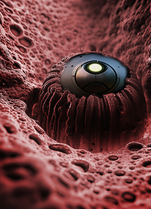 Medical nanorobot, illustration Illustration showing a medical nanorobot in the human body. This emerging technology is being investigated for an array of biomedical tasks, such as diagnostics, therapeutic interventions and targeted drug delivery., by VICTOR HABBICK VISIONS SCIENCE PHOTO LIBRARY