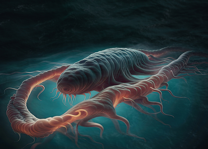 Aquatic alien life, illustration Aquatic alien life beneath the Europa ocean, illustration. It is thought that if life evolved on other planets or moons with similar conditions to Earth, many would evolve similar physical features. This is known as convergent evolution., by VICTOR HABBICK VISIONS SCIENCE PHOTO LIBRARY