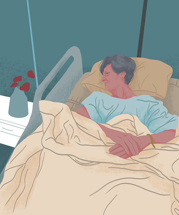Woman in a hospital bed, illustration Woman in a hospital bed, illustration., by AMR BO SHANAB SCIENCE PHOTO LIBRARY
