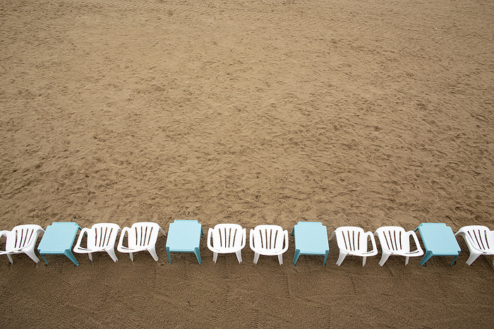France France, Les Sables d Olonne, 85, chairs lined up on the Grande Plage in gloomy weather, July 2021., by Jacques Lo c   Photononstop