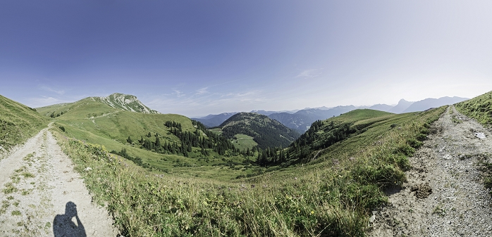Panoramic view of two dirt tracks and mountain landscape, Achensee, Tyrol, Austria