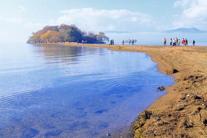 Small island connected to land due to drought in Lake Biwa Nagahama City, Shiga Prefecture Kohoku Town