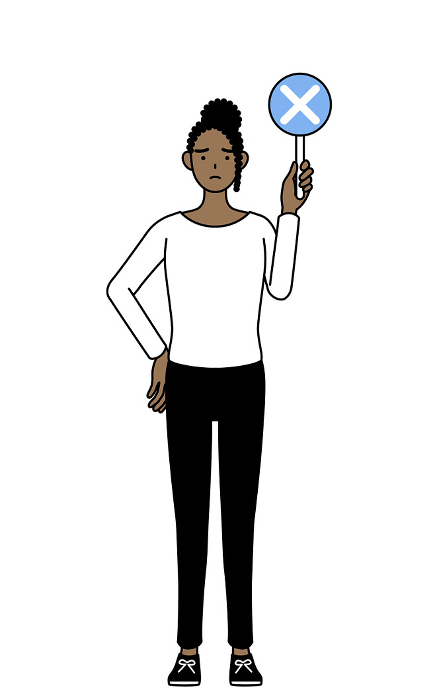 African-American woman holding a stick with an X indicating incorrect answer