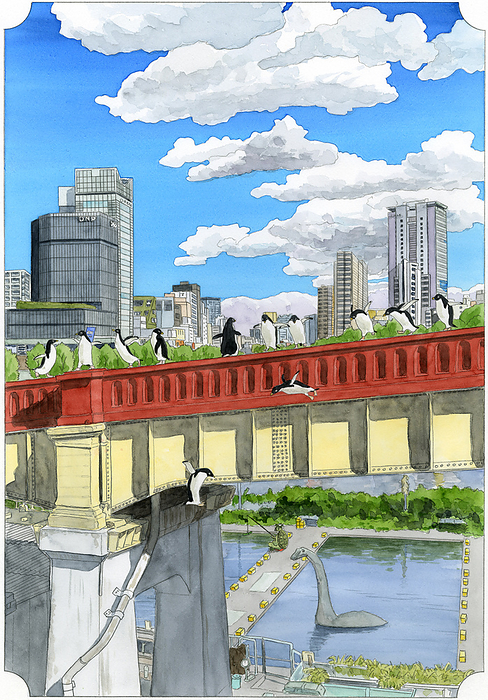 Water pipe bridge and penguins in Ichigaya