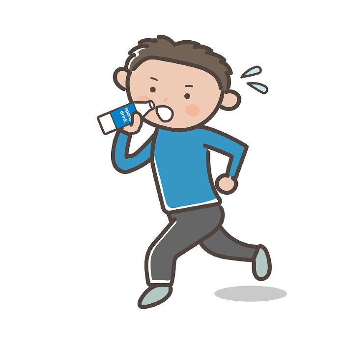 Illustration of a man drinking a sports drink to stay hydrated while running.