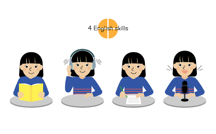 Set of upper body illustrations of Japanese women performing the four English skills