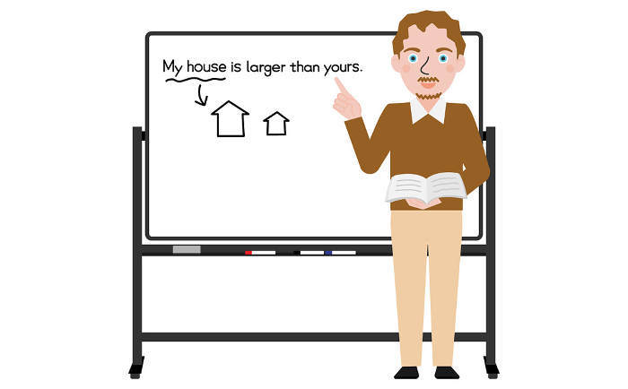 A male Western teacher teaching English standing in front of a black-framed mobile whiteboard