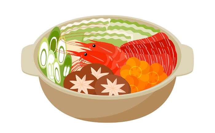 Vector illustration of a seafood hot pot dish in a cute clay pot filled with shrimp, vegetables and meat.