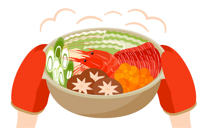 Vector illustration of a seafood hot pot with hands holding a clay pot full of prawns, vegetables and meat.