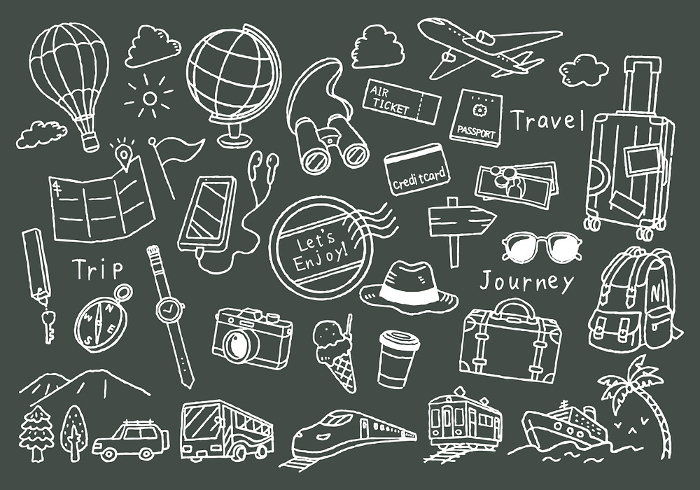 Hand drawn travel illustration set, blackboard art style