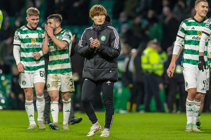 Celtic v Feyenoord Champions League 13 12 2023. Japanese Player Kyogo Furuhashi of Celtic FC applauds the fans following his sides victory during the Champions League Matchday 6, Celtic FC vs Feyenoord, Celtic Park, Parkhead, Glasgow, 13 12 2023.
