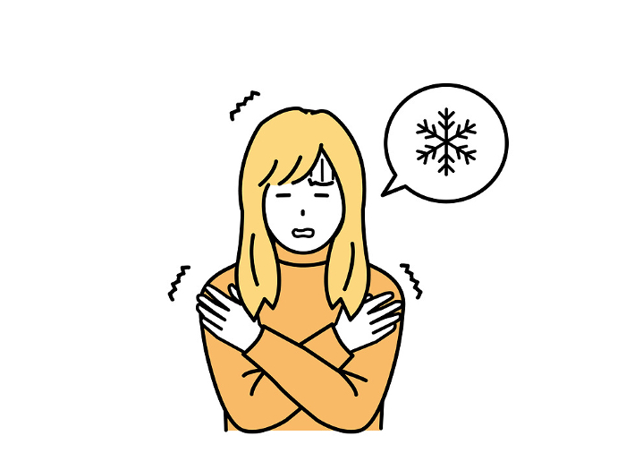 Illustration of a young woman who is cold, shivering, and chilled.