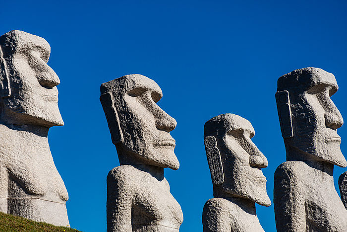 Moai statues against a blue sky, Makomanai Takino Cemetery, Hill of the Buddha, Sapporo, Hokkaido, Japan, Asia Moai statues against a blue sky, Makomanai Takino Cemetery, Hill of the Buddha, Sapporo, Hokkaido, Japan, Asia, by Caspar Schlageter