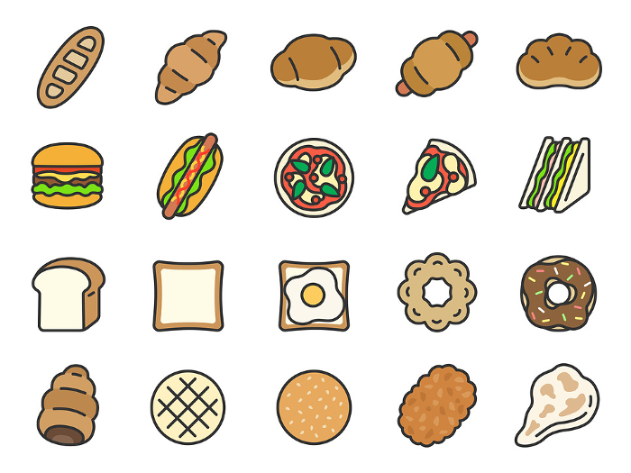 Various illustration sets of color line drawings of bread icons