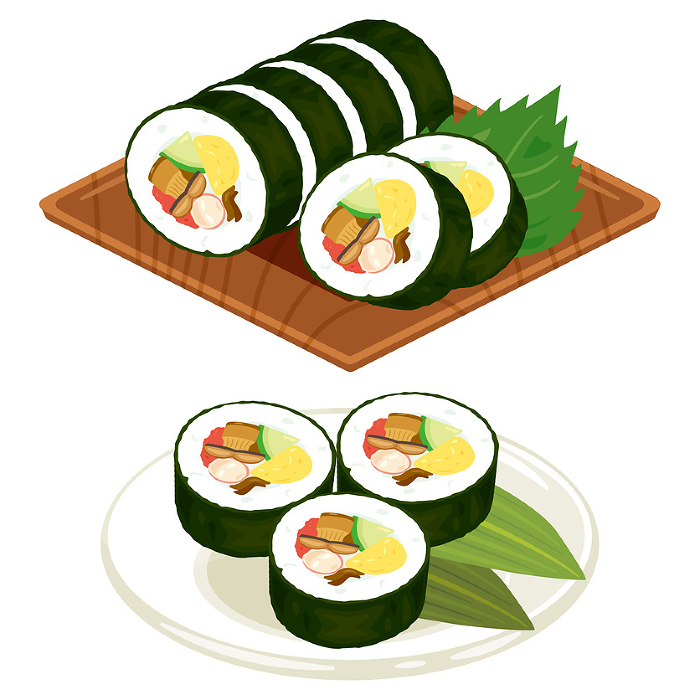 Cut sushi roll set on a plate