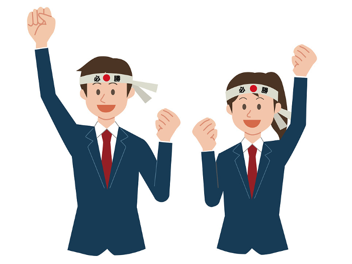 Illustration of male and female students who are motivated by wearing must-win hachimaki