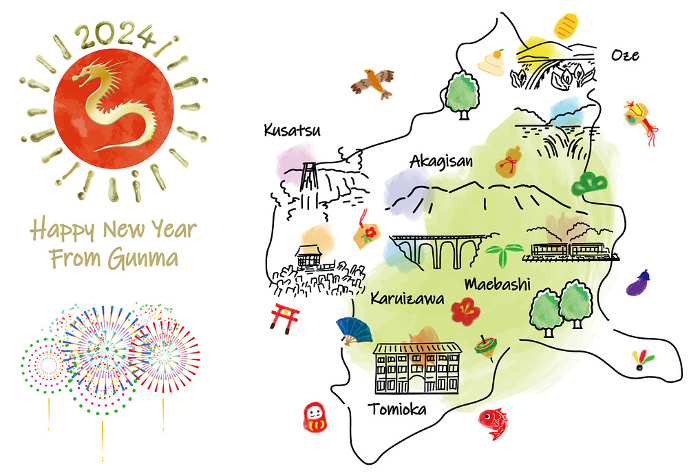Gunma Prefecture tourist attractions illustration map New Year's card 2024