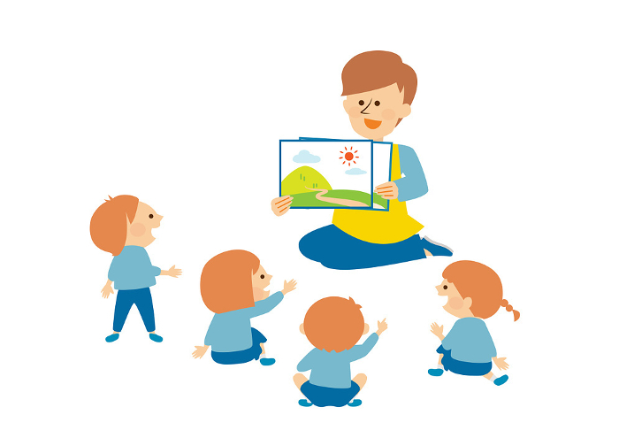 picture storybook illustration of a nursery school teacher reading a story to a child.