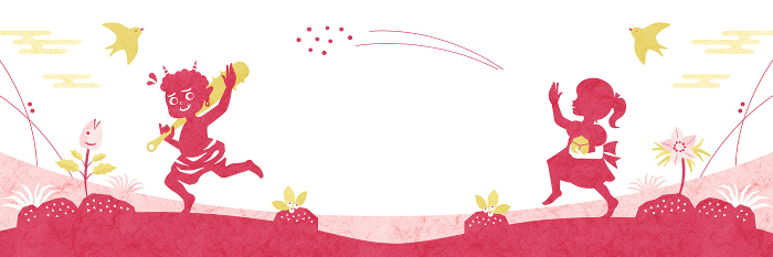 Japanese Style Background Banner for Setsubun Japanese paper silhouette of a girl throwing beans with a demon