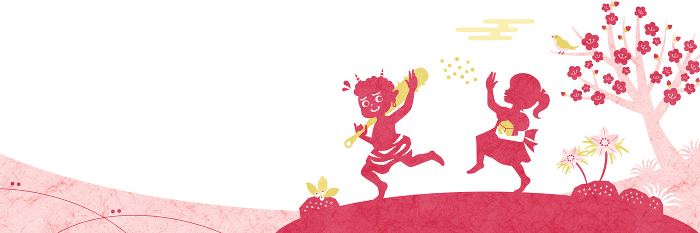 Japanese Style Background Banner for Setsubun Japanese paper silhouette of a girl throwing beans with a demon
